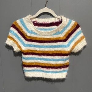 Y2K short sleeve fuzzy striped sweater